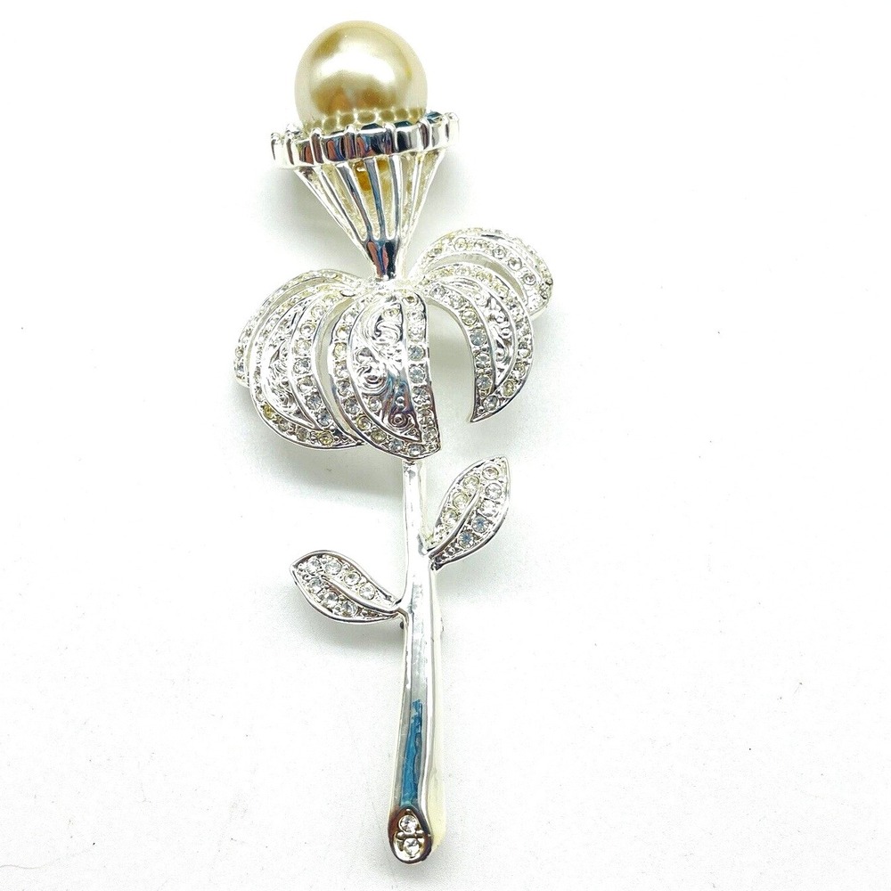 Vintage NAPIER Blooming Flower Pin Silver Tone Simulated Pearl Blue Rhinestones